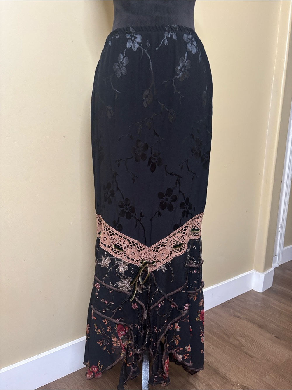 vintage Spencer Alexis Black Floral Maxi Skirt